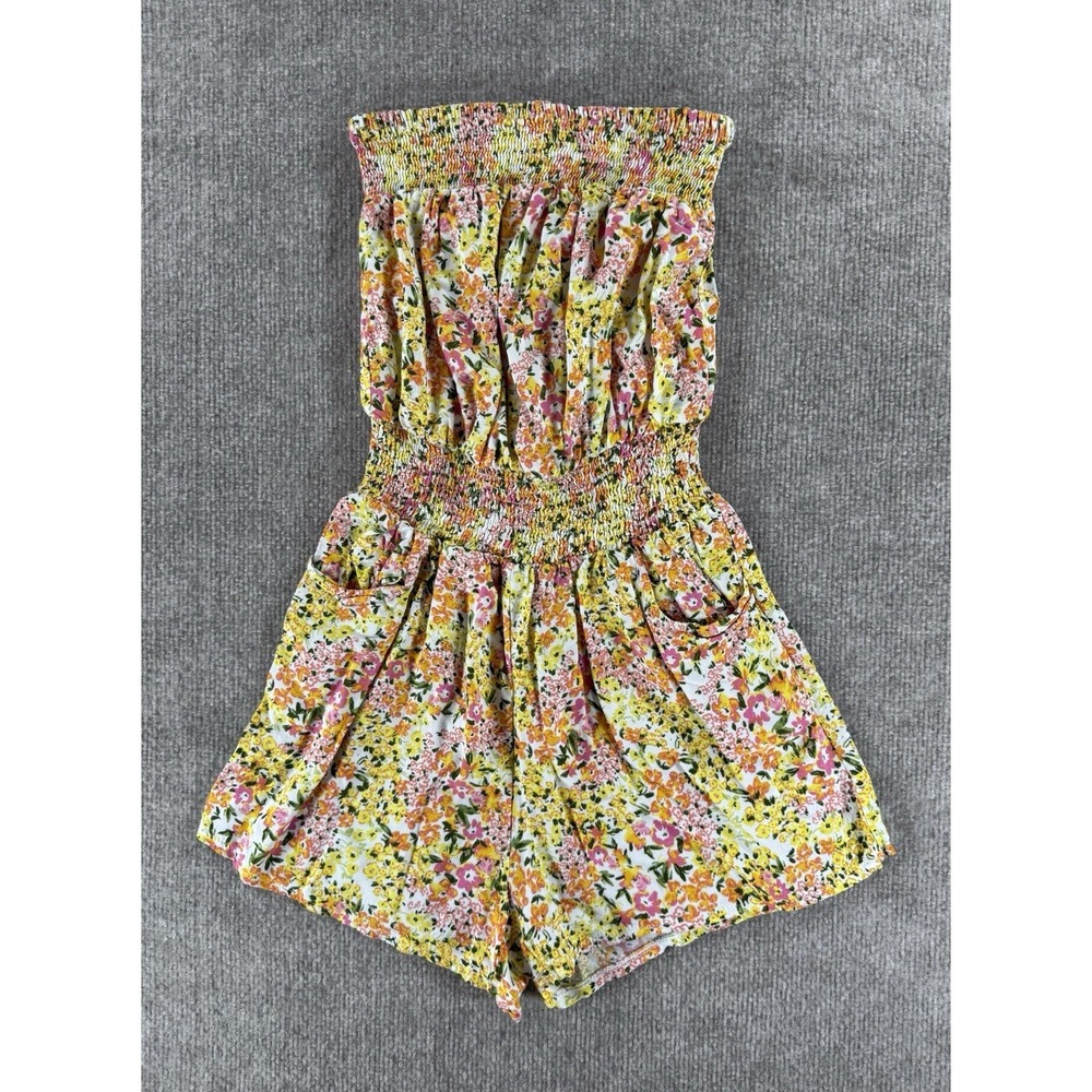 Toxik3 Floral Strapless Romper Womens M Smocked Boho Summer Pockets